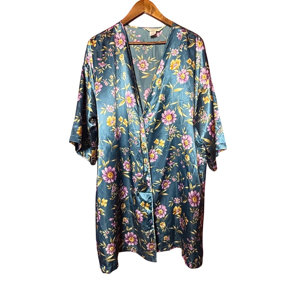 Private Luxuries Women XL Floral Satin Teal Blue Short Sleeve Kimono Robe Resort